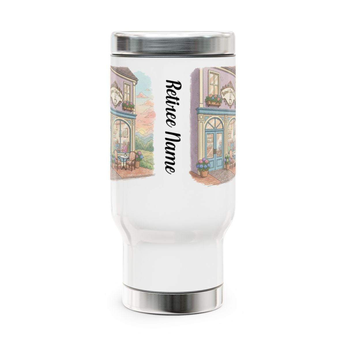 Personalized Retiree Name Travel Mug with Cottage Scene