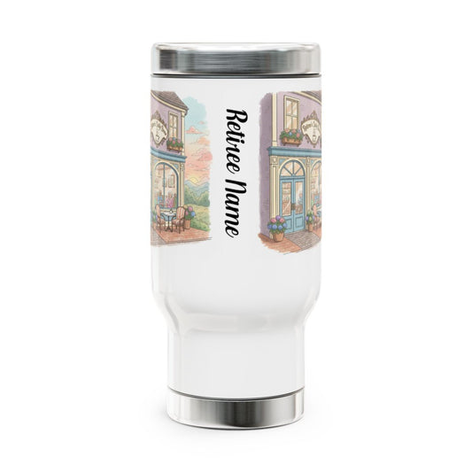 Personalized Retiree Name Travel Mug with Cottage Scene