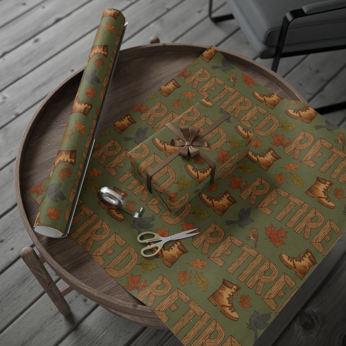 Retire Themed Green and Orange Wrapping Paper
