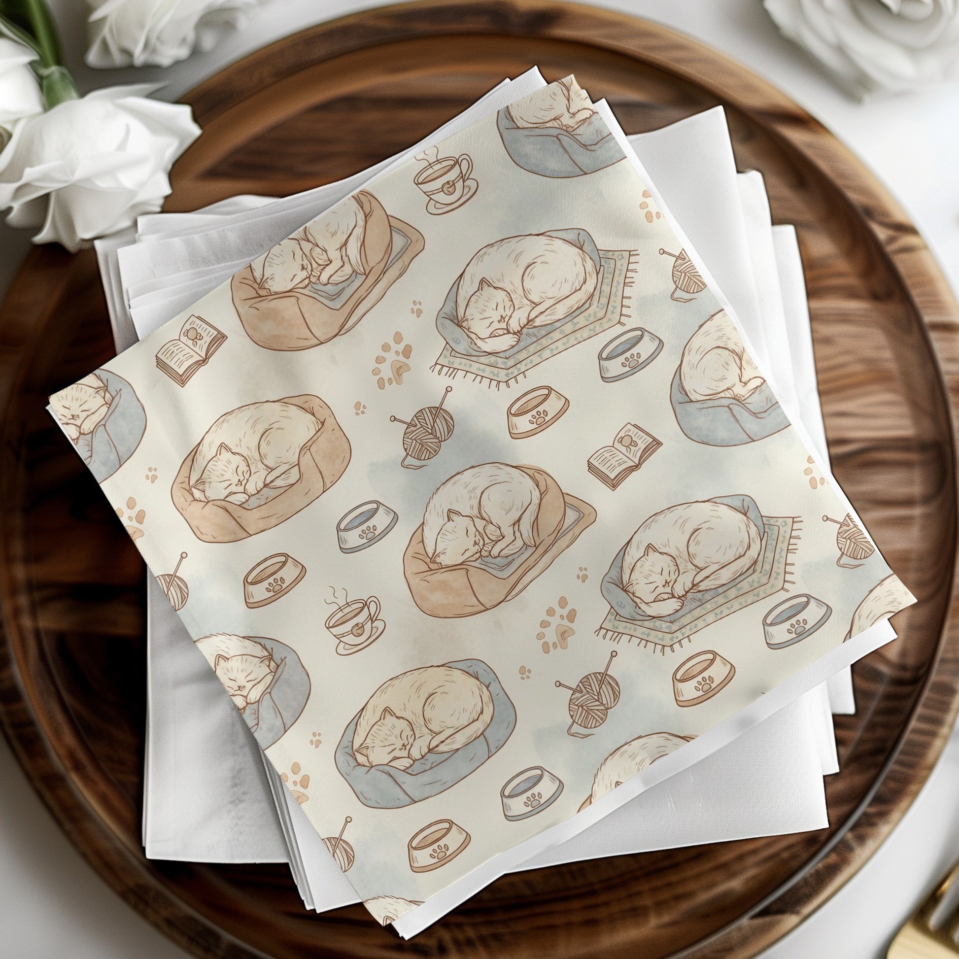 Cozy Cat Napkins with Sleeping Feline Illustration