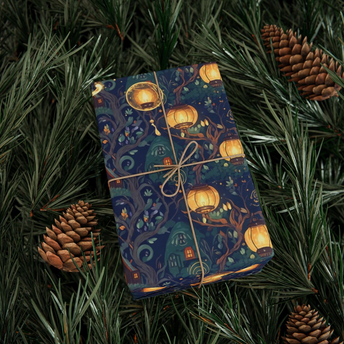 Whimsical Lantern Forest Theme Holiday Gift Wrap