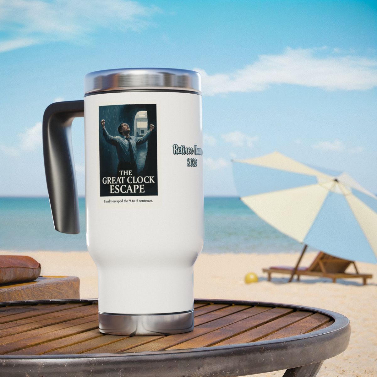 The Great Clock Escape Finally Escaped | the 9 to 5 sentence | 14oz Travel Mug Tumblers - Retiree Gifts Retirement Party