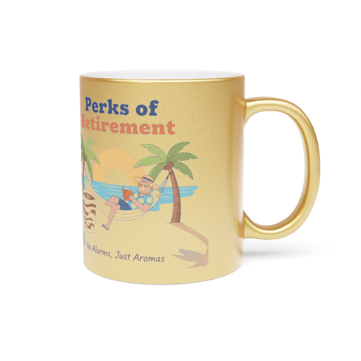 Perks of Retirement Golden Mug with Fun Island Design