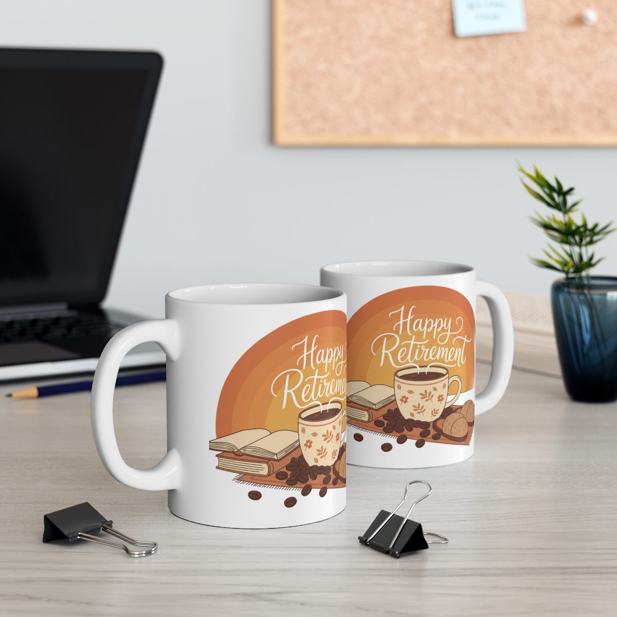Happy Retirement Coffee Mug with Books and Coffee Design
