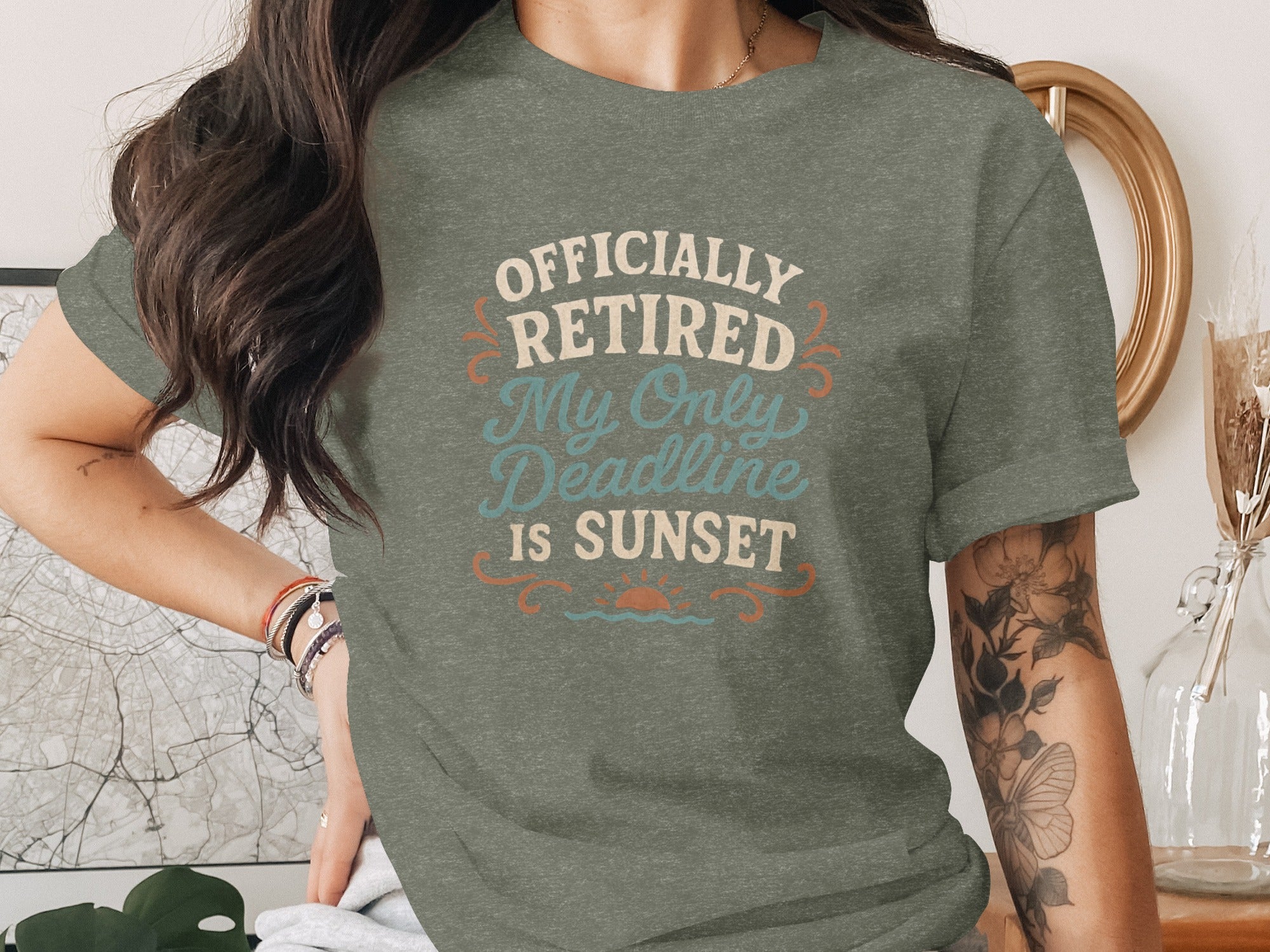 Officially Retired My Only Deadline Is Sunset | Dark Heaterh Color Bella T-Shirts - Retiree Gifts Retirement Party