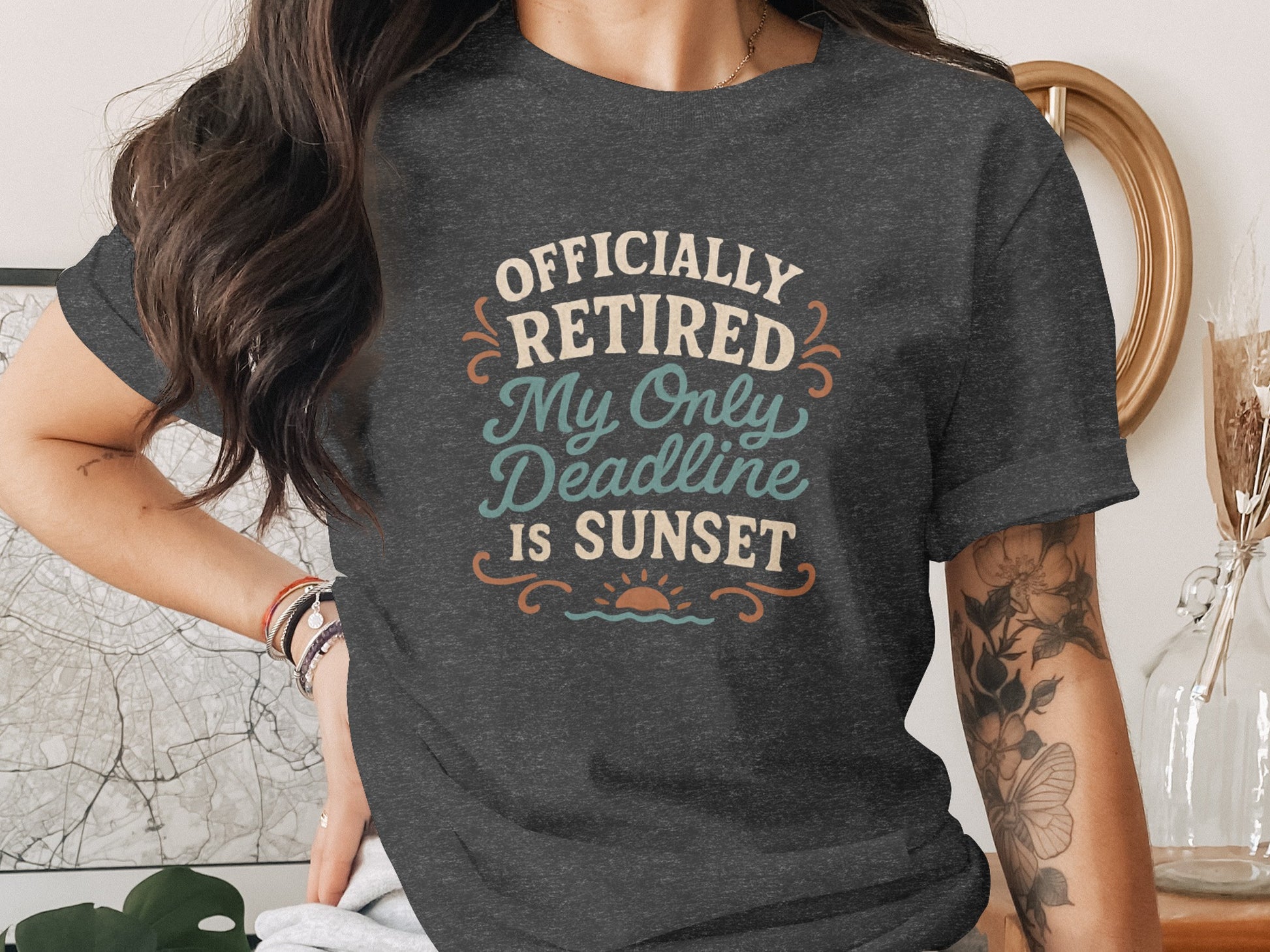 Officially Retired My Only Deadline Is Sunset | Dark Heaterh Color Bella T-Shirts - Retiree Gifts Retirement Party