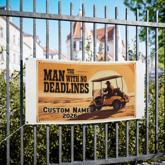 The Man With No Deadlines Golf Cart Desert Adventure Vinyl Banner or Yard Sign - Retiree Gifts Retirement Party