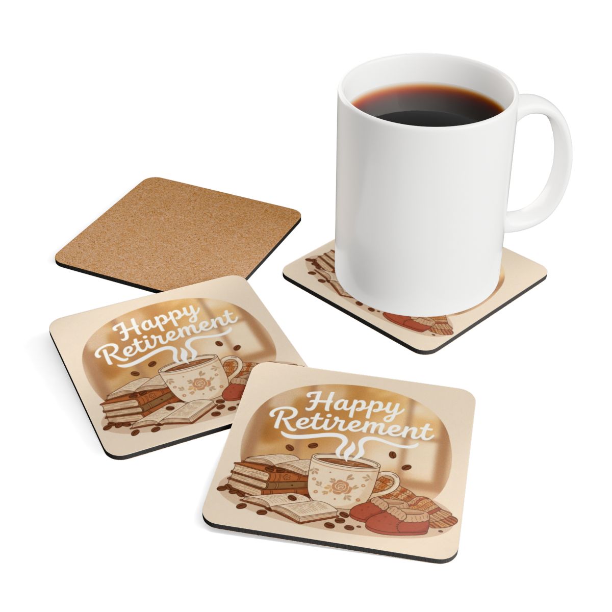 Happy Retirement Coffee and Books Decor Coaster Set