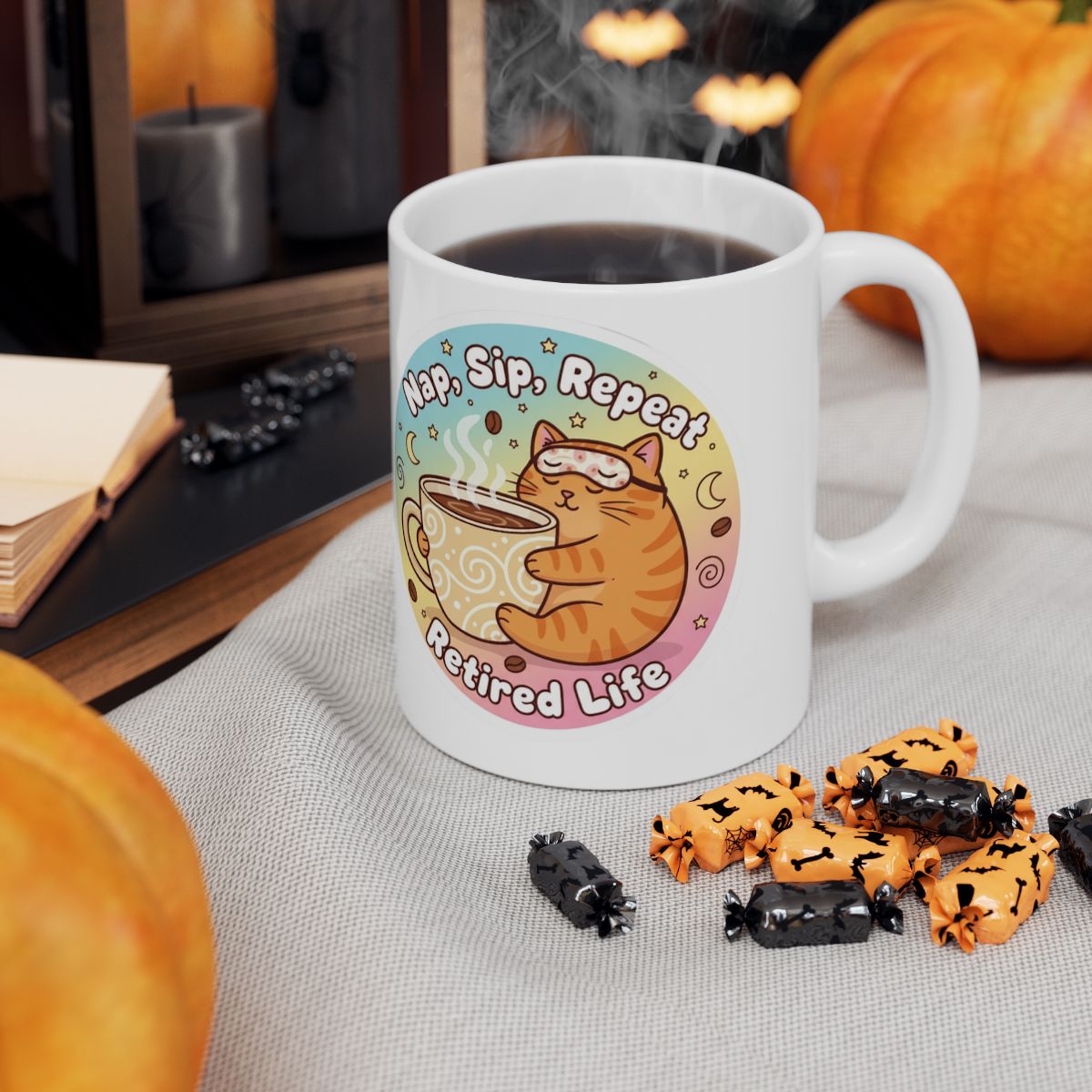 Nap Sip Repeat Retired Life Cat Coffee Mug