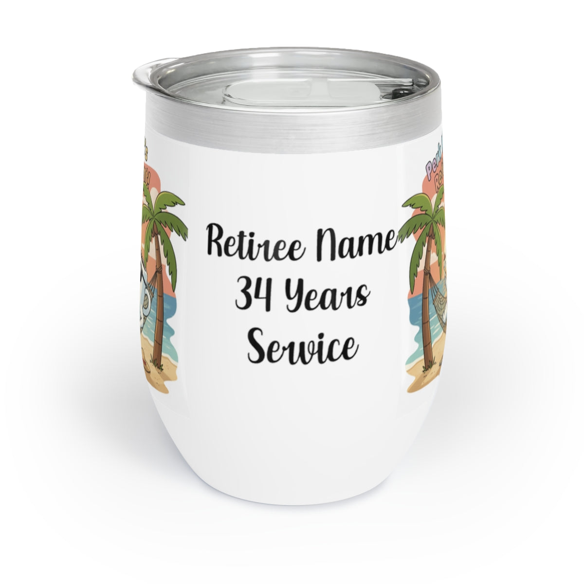 Retiree Name 34 Years Service Vacation-Themed Mug