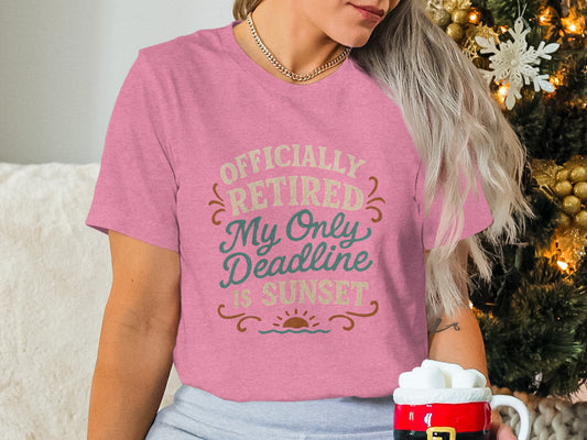 Officially Retired Deadline Sunset | Retirement Gifts | Soft Color Bella T-Shirts - Retiree Gifts Retirement Party