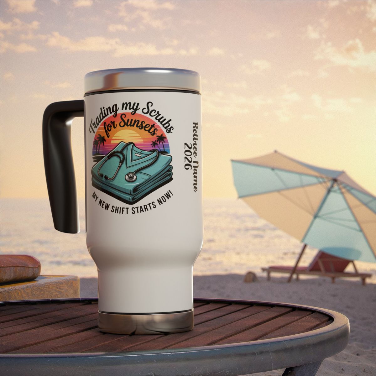 Personalized Retirement Travel Mug (Tumbler) – “Trading My Scrubs For Sunset Retiree” - Retiree Gifts Retirement Party