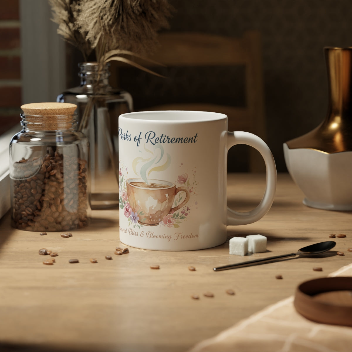 Perks of Retirement Mug with coffee cup and flowers