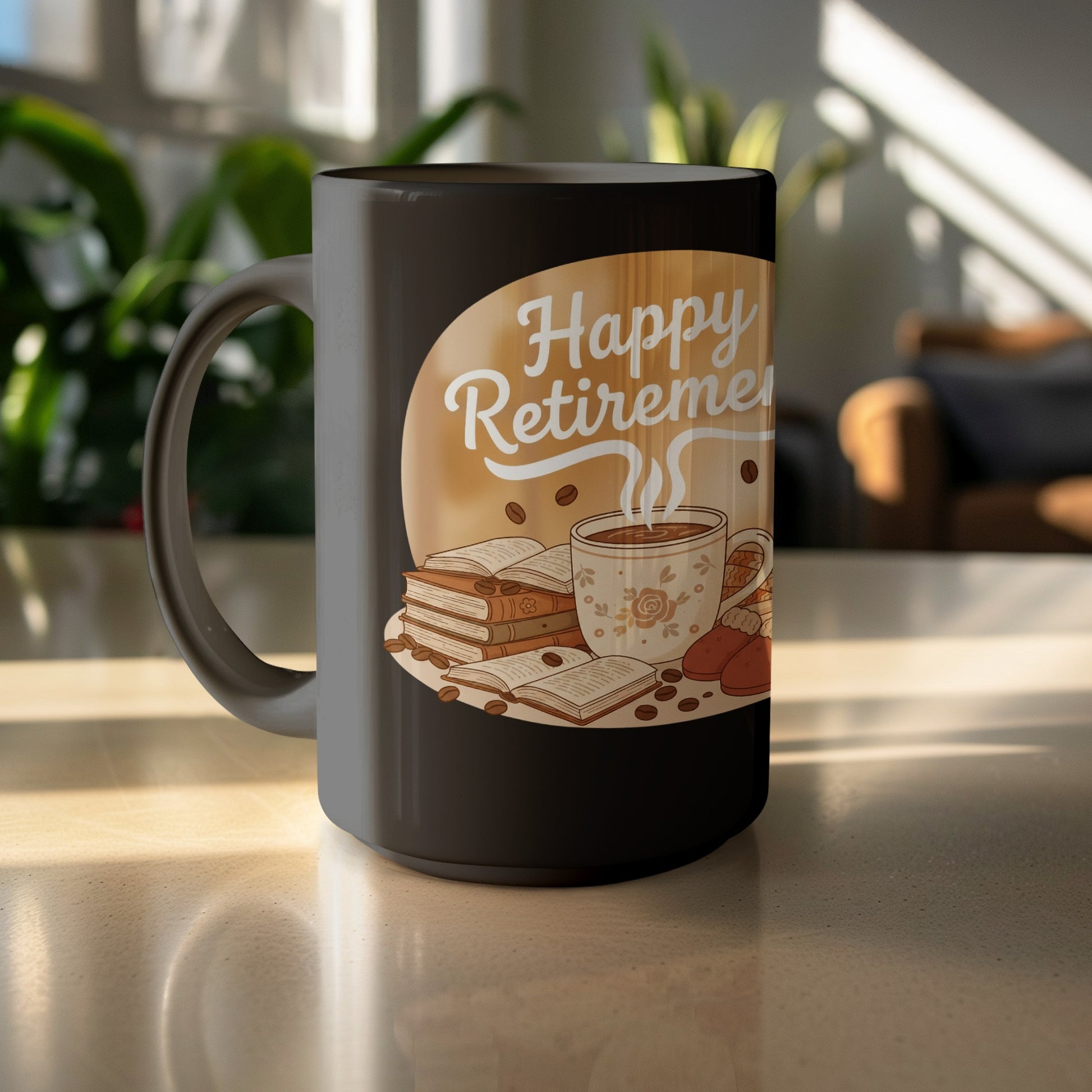 Happy Retirement Mug Featuring Coffee and Books Design