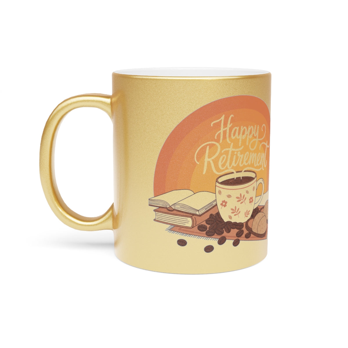 Happy Retirement Mug with Coffee and Books Design