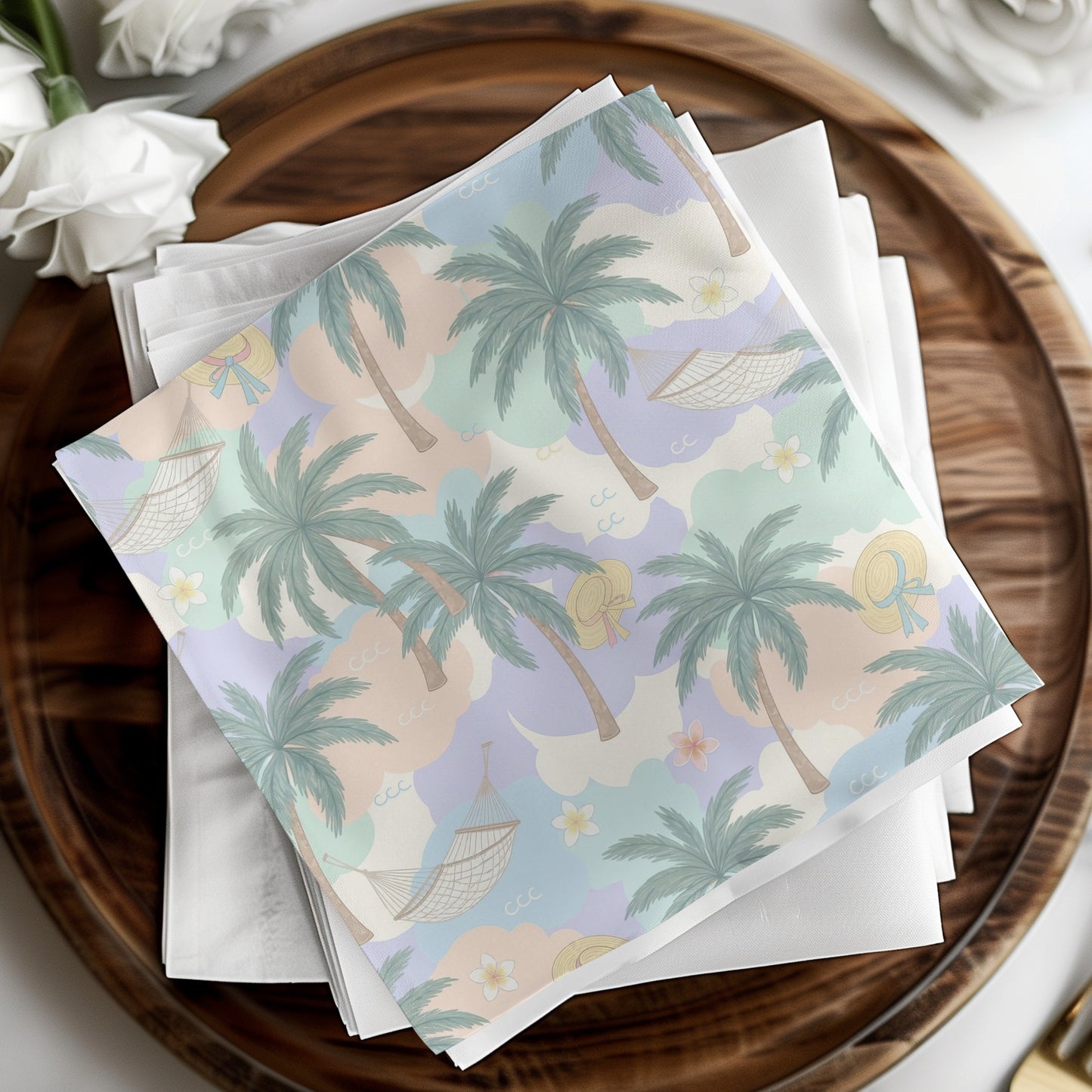 Colorful Tropical Palm Tree and Hammock Print Napkin