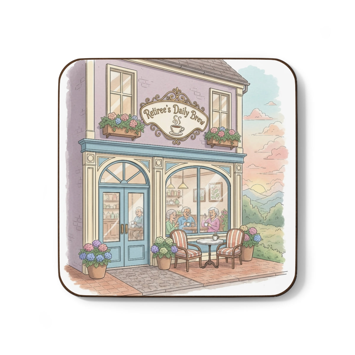 Retiree's Daily Brew Coaster Scenic Coffee Shop Illustration