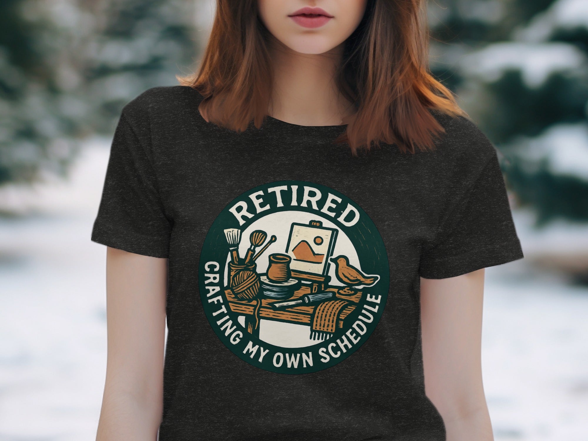Retired Crafting My Own Schedule | Dark Heather Color Bella T-Shirts - Retiree Gifts Retirement Party