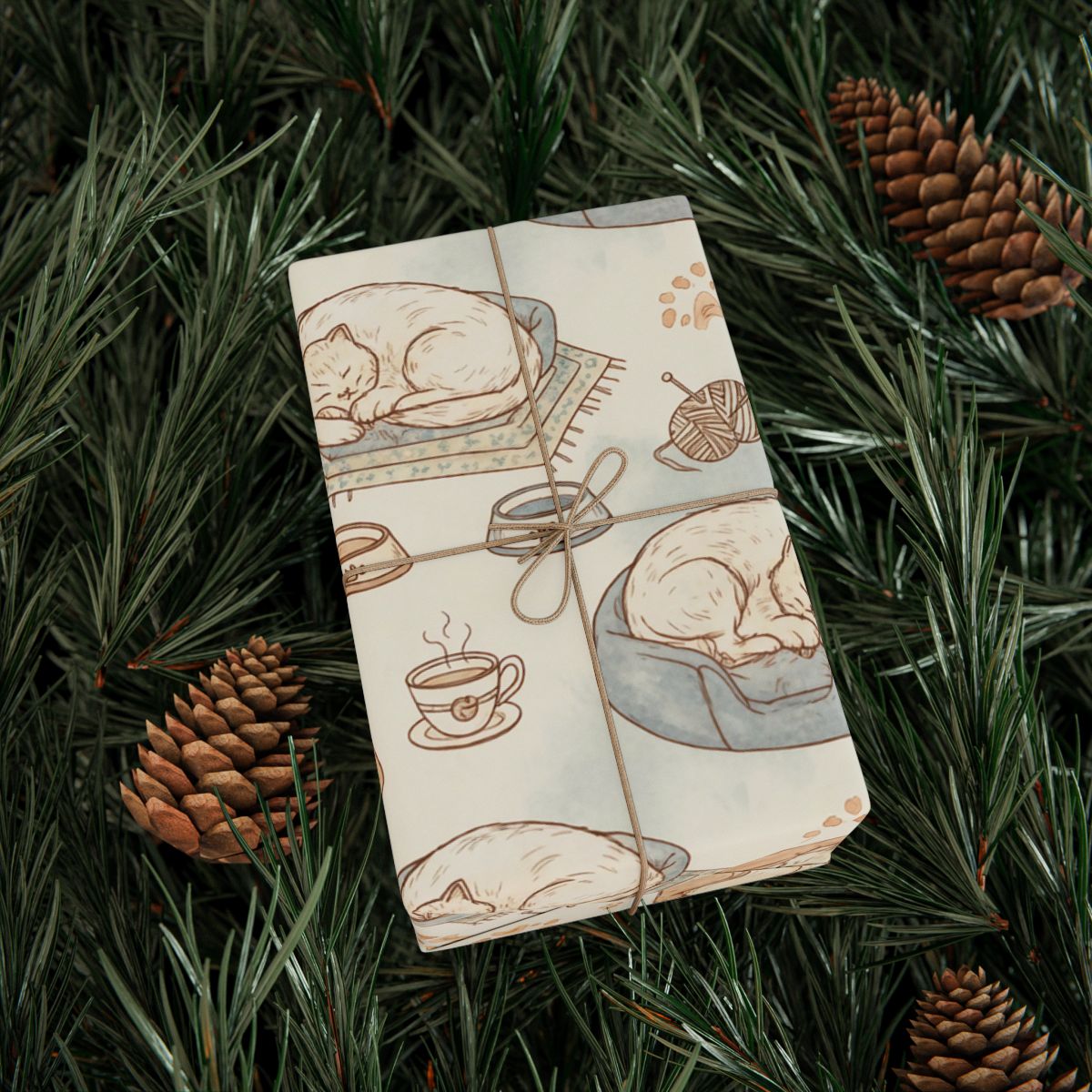 Cozy Cat Illustrations in Festive Forest Wrapping Paper
