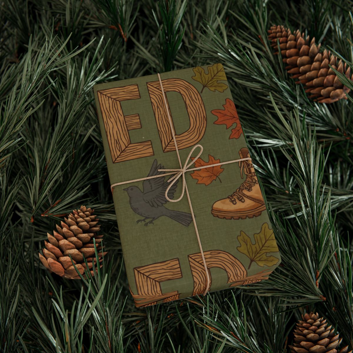 Forest Green Gift Wrap with Pinecones and Leaves Design