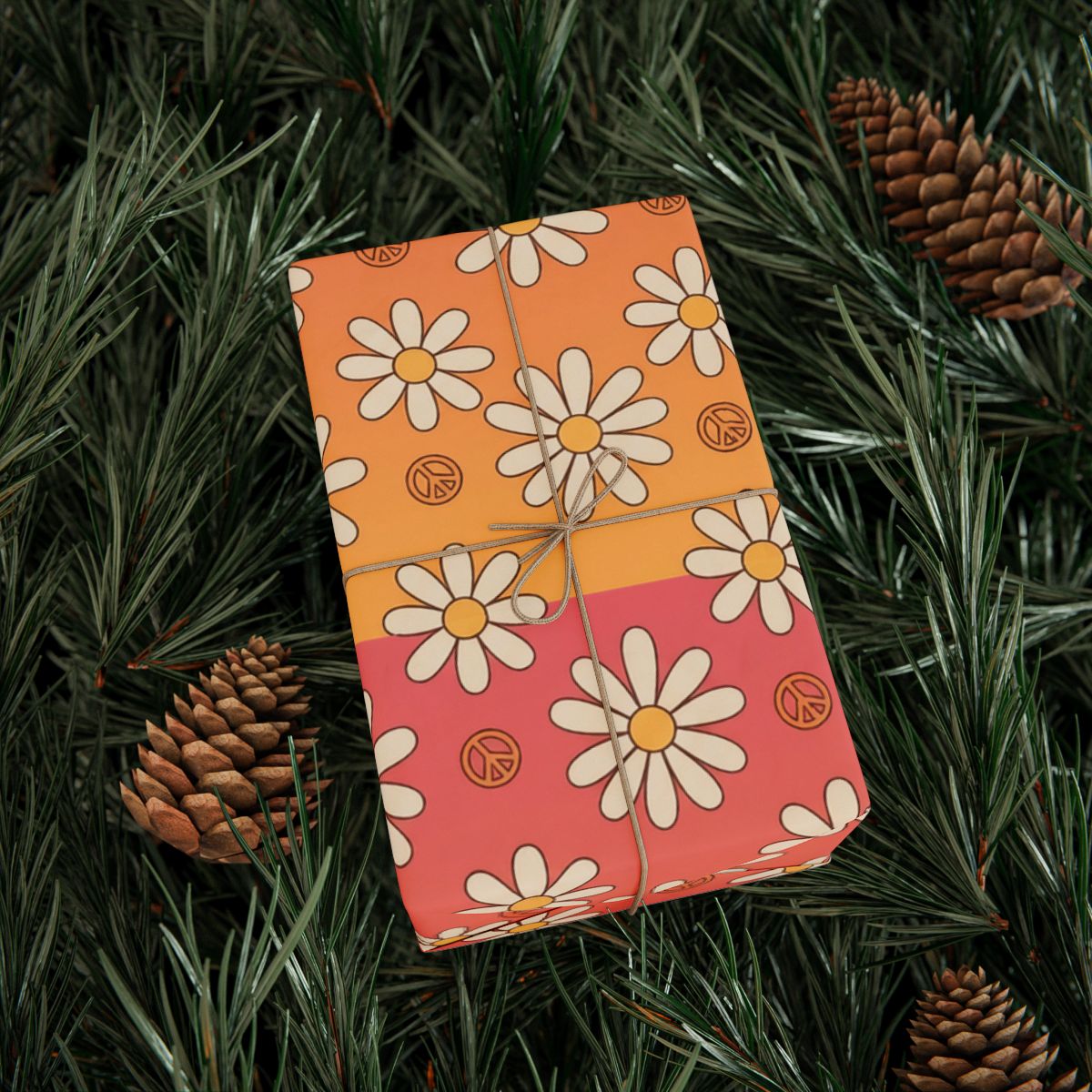 Vibrant daisy floral gift wrap with peace sign pattern