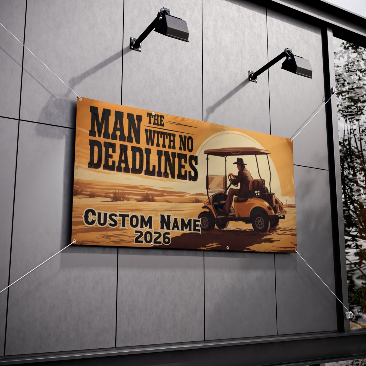 The Man With No Deadlines Golf Cart Desert Adventure Vinyl Banner or Yard Sign - Retiree Gifts Retirement Party