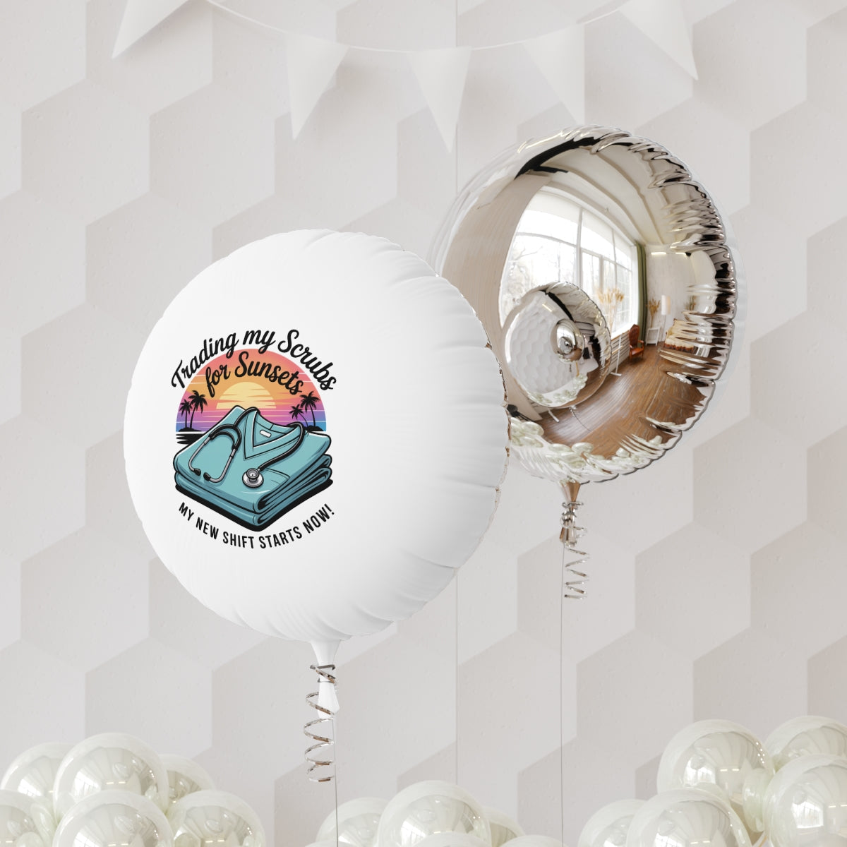 Trading my Scrubs for Sunsets 22in or 11in Mylar Ballons - Retiree Gifts Retirement Party