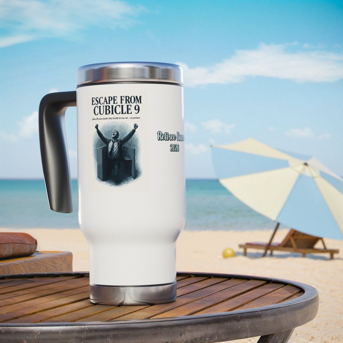 ESCAPE FROM CUBICLE 9 After 50 Years on Pension | 14oz Travel Mug Tumblers - Retiree Gifts Retirement Party