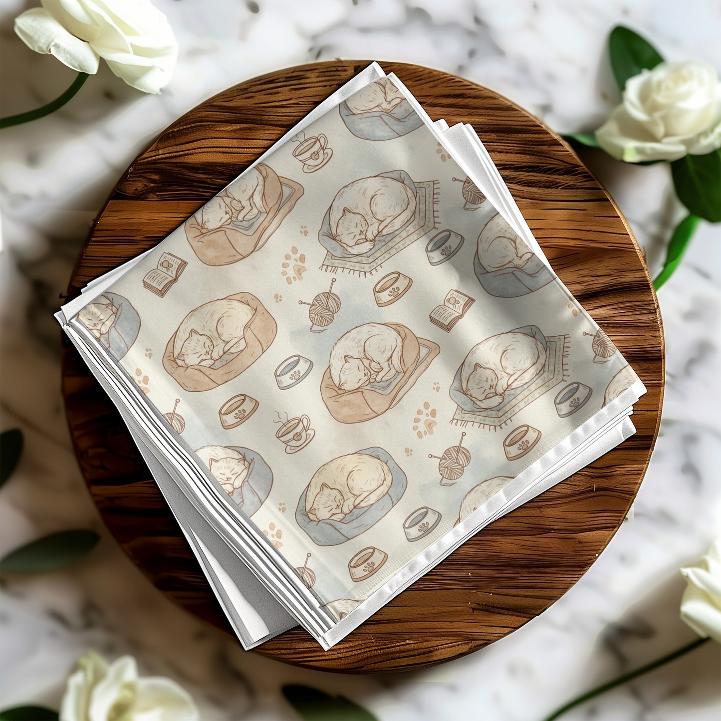 Adorable Sleeping Cats and Coffee Print Fabric Napkins