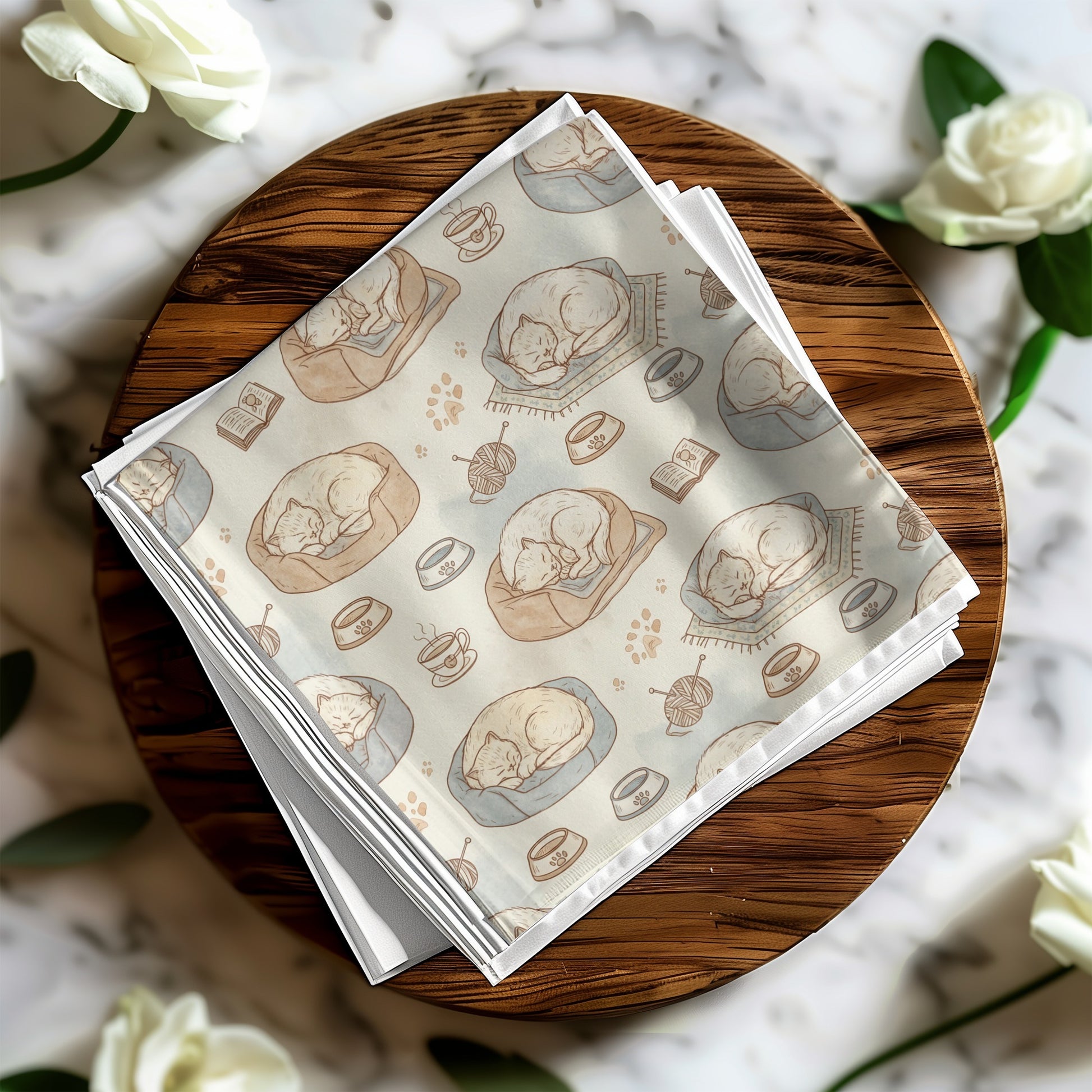 Adorable Sleeping Cats and Coffee Print Fabric Napkins