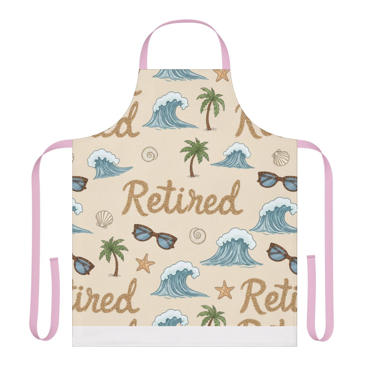 Retired Sand Writing with Beach Graphics | Sandy Summer Beach Retirement Apron with Colored Straps - RetireeGifts