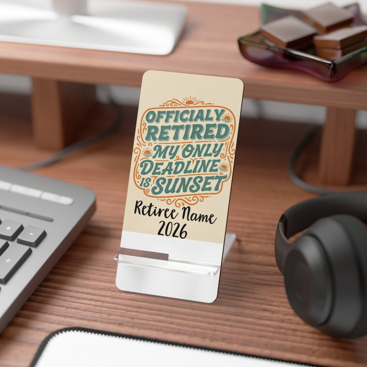 Officially Retired My Only Deadline Is Sunset | Gifts | Personalized Retirement Officially Retired Phone Stand or Phone Charger - Retiree Gifts Retirement Party