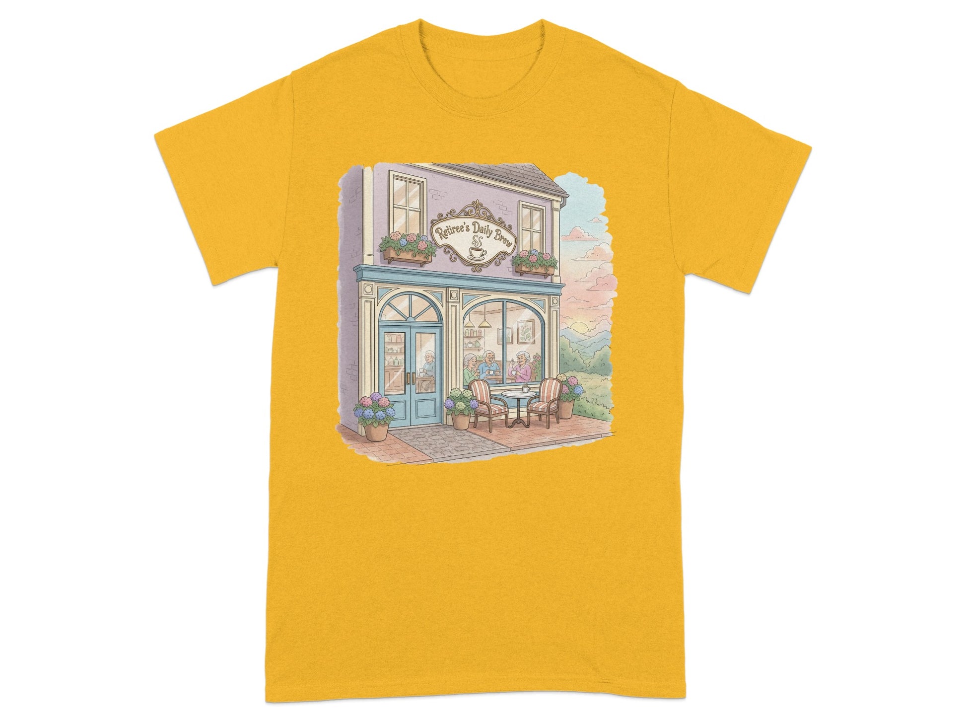 Cozy Corner Café Artwork on Vibrant Yellow Shirt