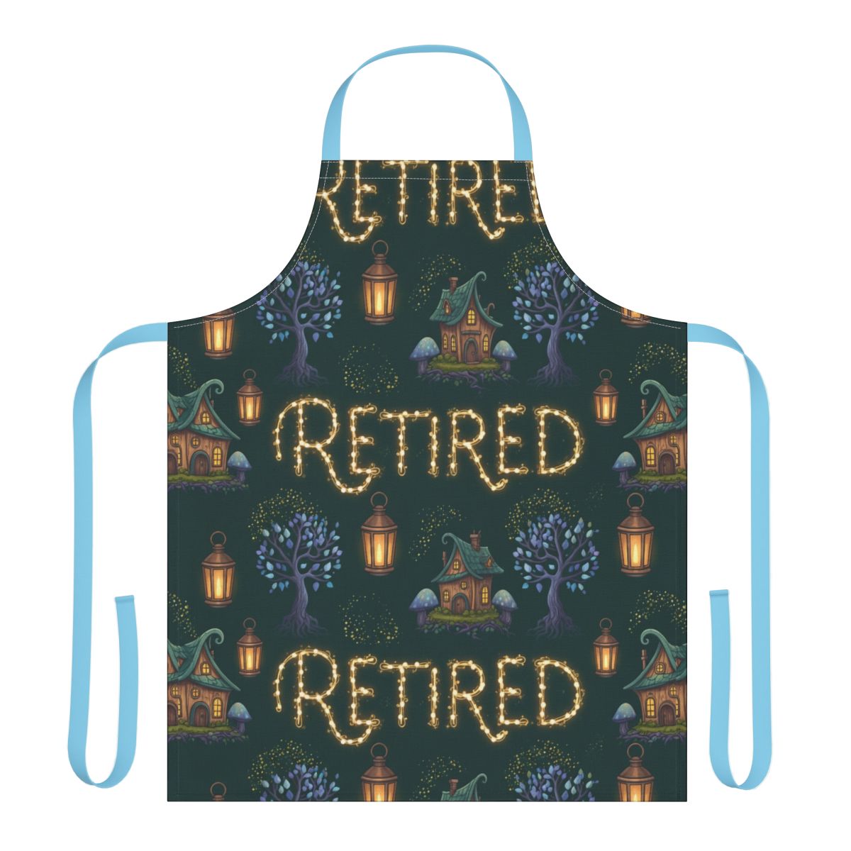 Retired Themed Apron with Lantern and Cottage Design