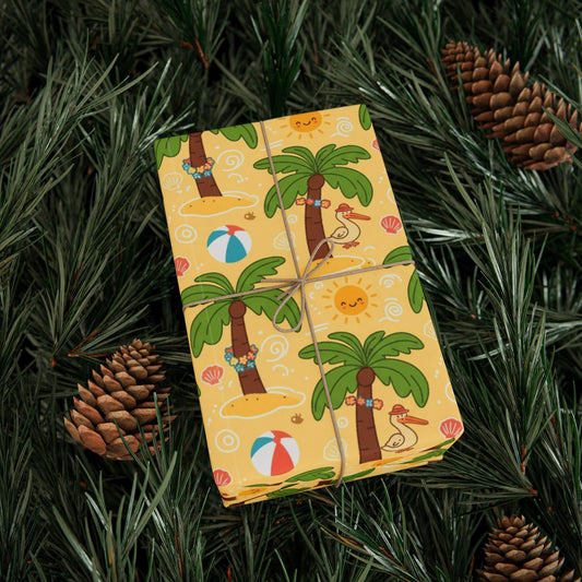 Colorful Cartoon Beach and Palm Tree Wrapping Paper product type