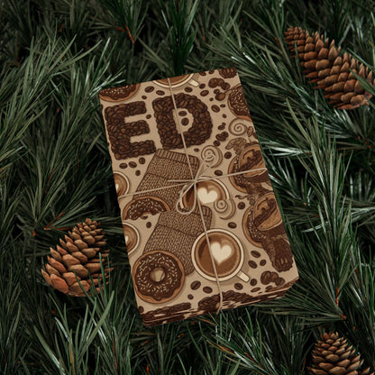 Coffee Donuts Hearts Gift Wrap with Pine Cones Design
