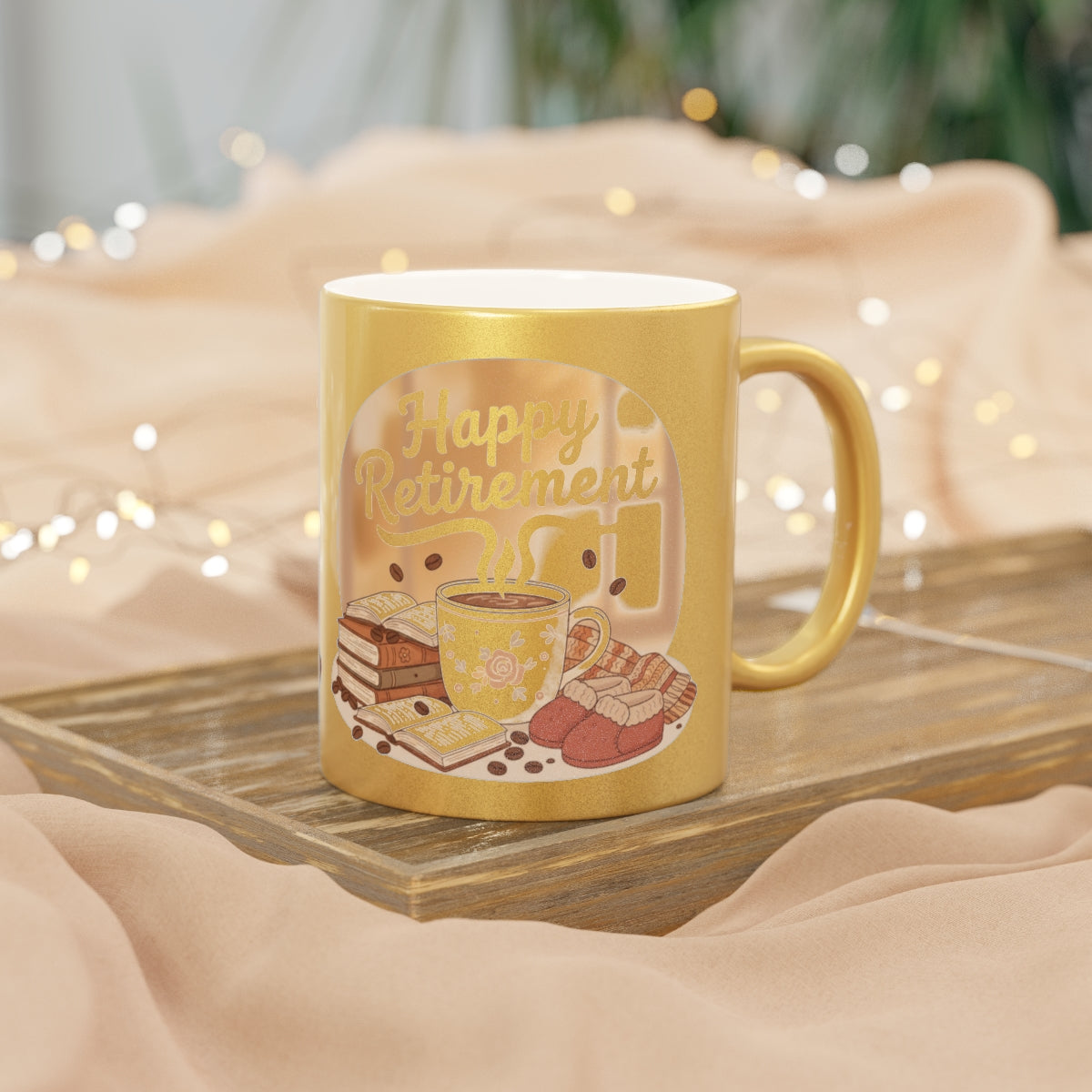 Happy Retirement Coffee Mug with Book and Treats Design