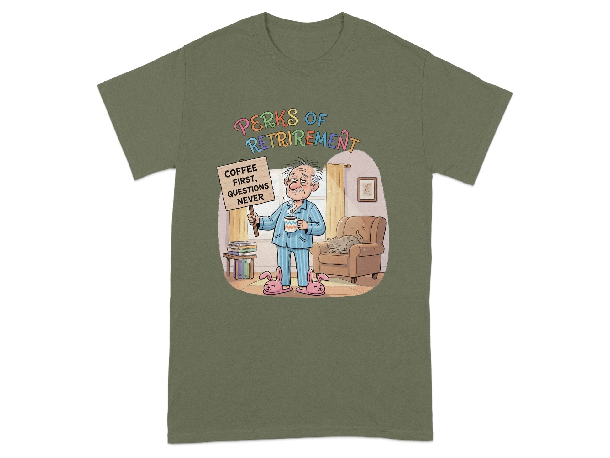 Perks of Retirement Coffee First Questions Never T-shirt