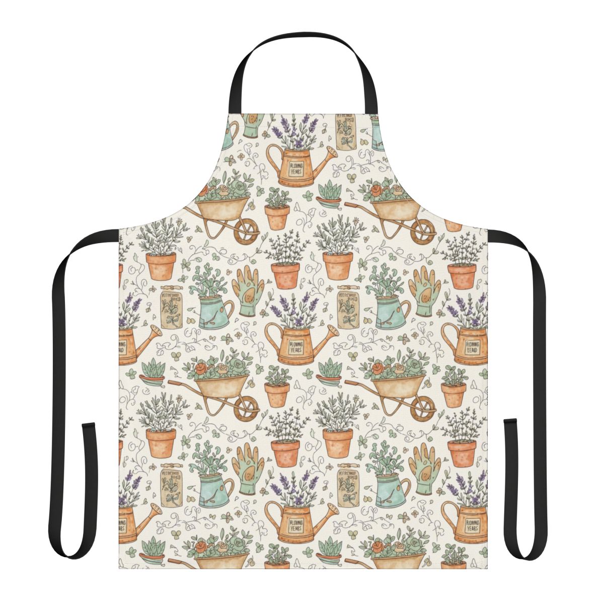 Gardening Pattern Apron with Potted Plants and Tools