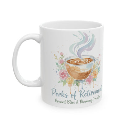 Perks of Retirement Brewed Bliss Blooming Freedom mug