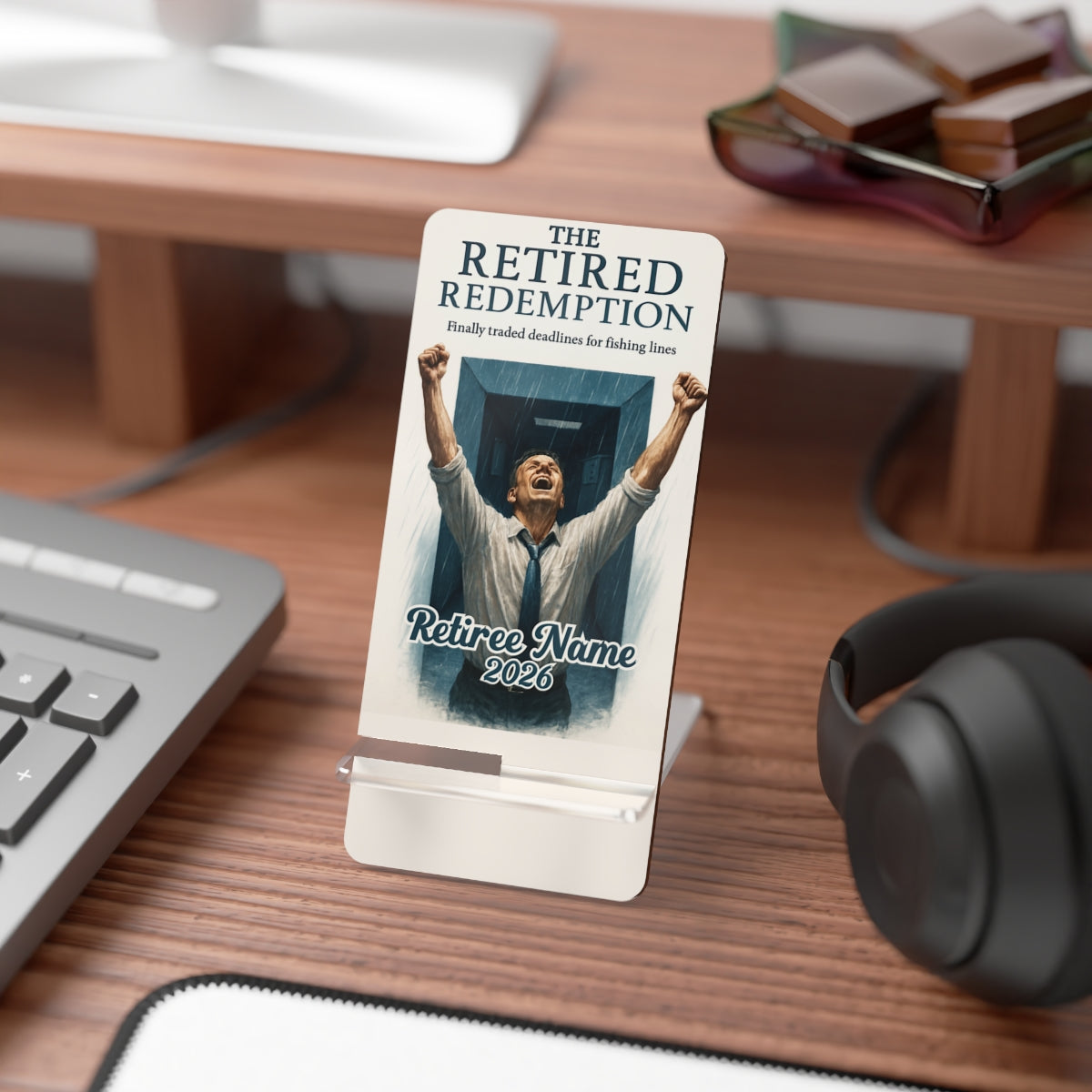 The Retired Redemption | Finally traded deadlines for fishing | Personalized Mobile Phone Display Stand - Retiree Gifts Retirement Party