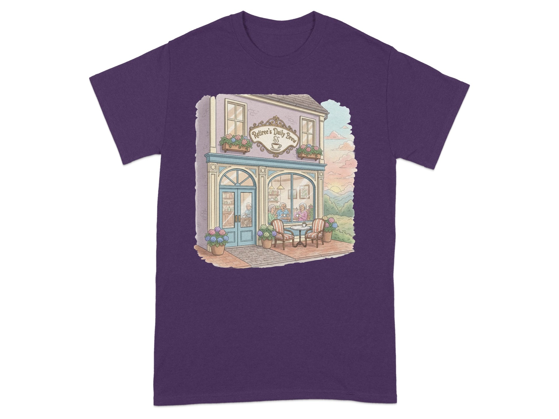 Charming Coffee Shop Illustration on Purple T-Shirt