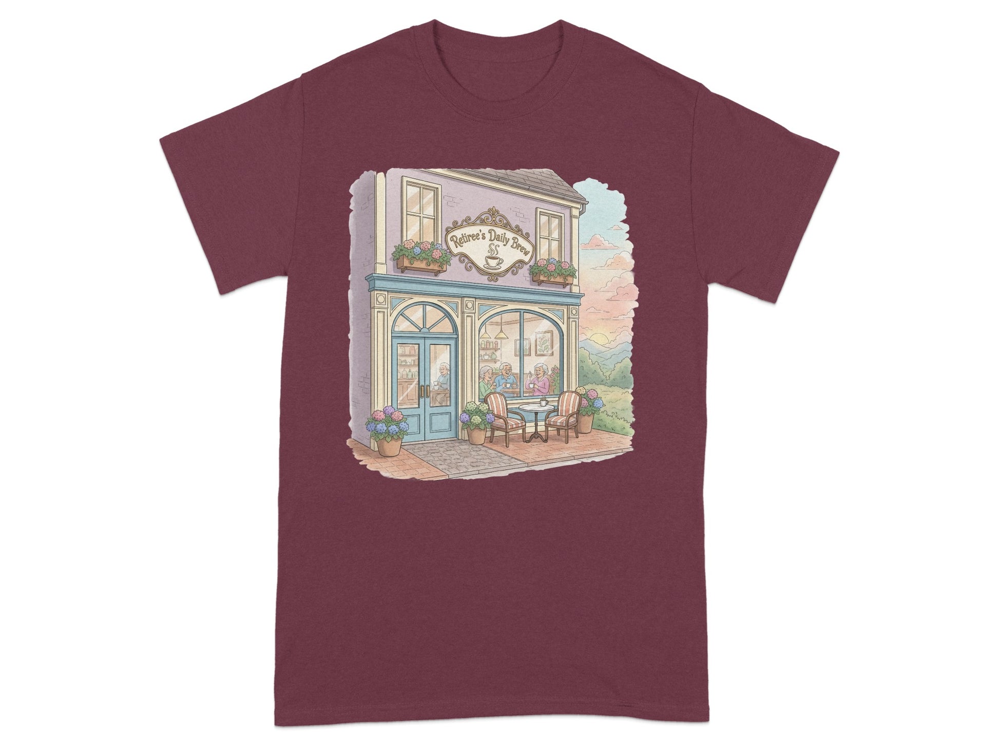 Quaint Bookshop Design on Maroon Shirt