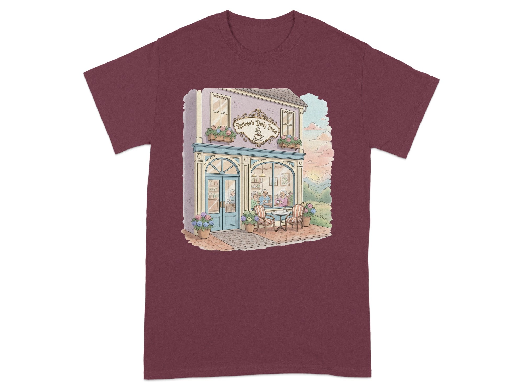 Quaint Bookshop Design on Maroon Shirt
