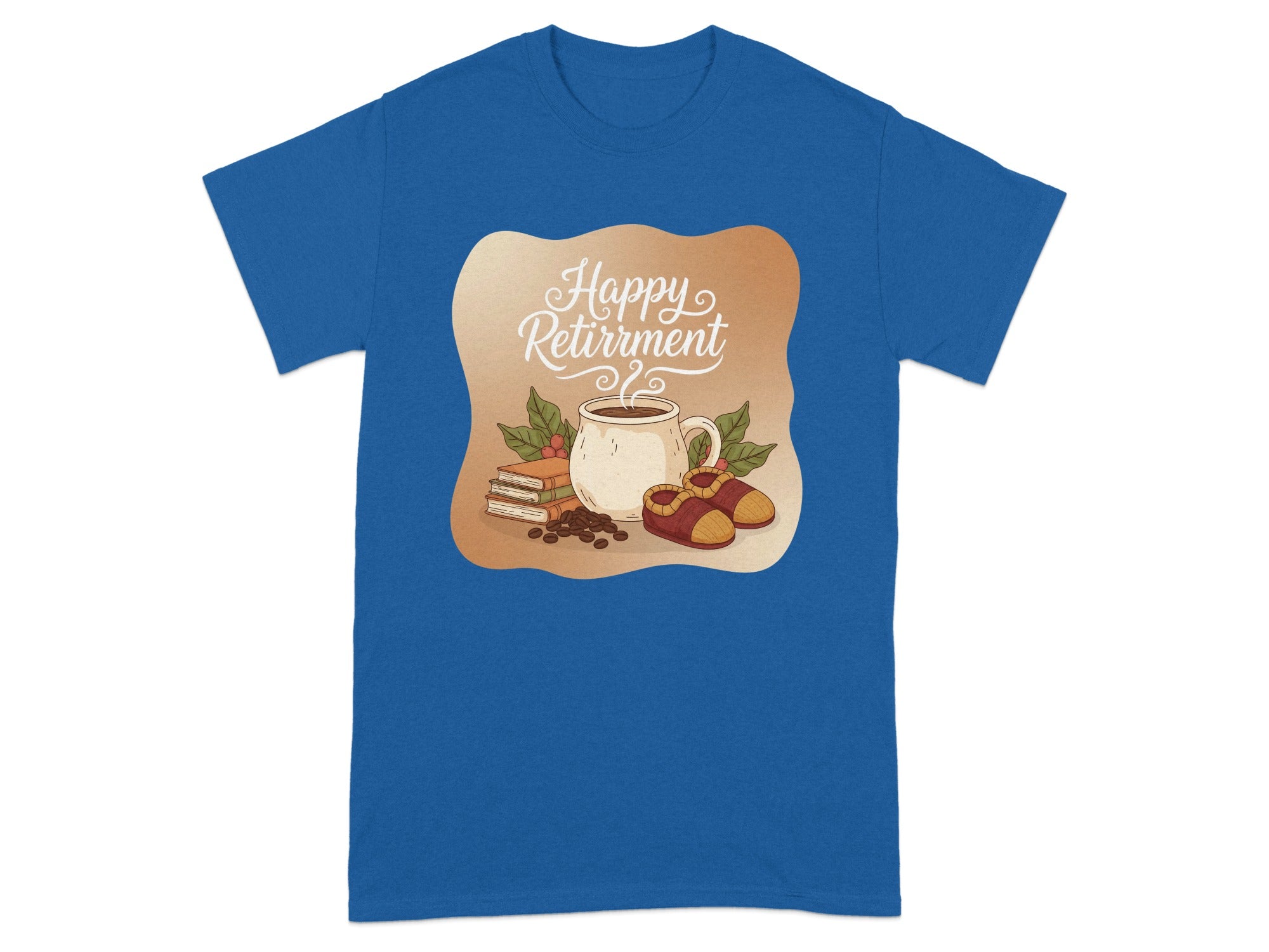 Happy Retirement T-shirt with Coffee and Books Design