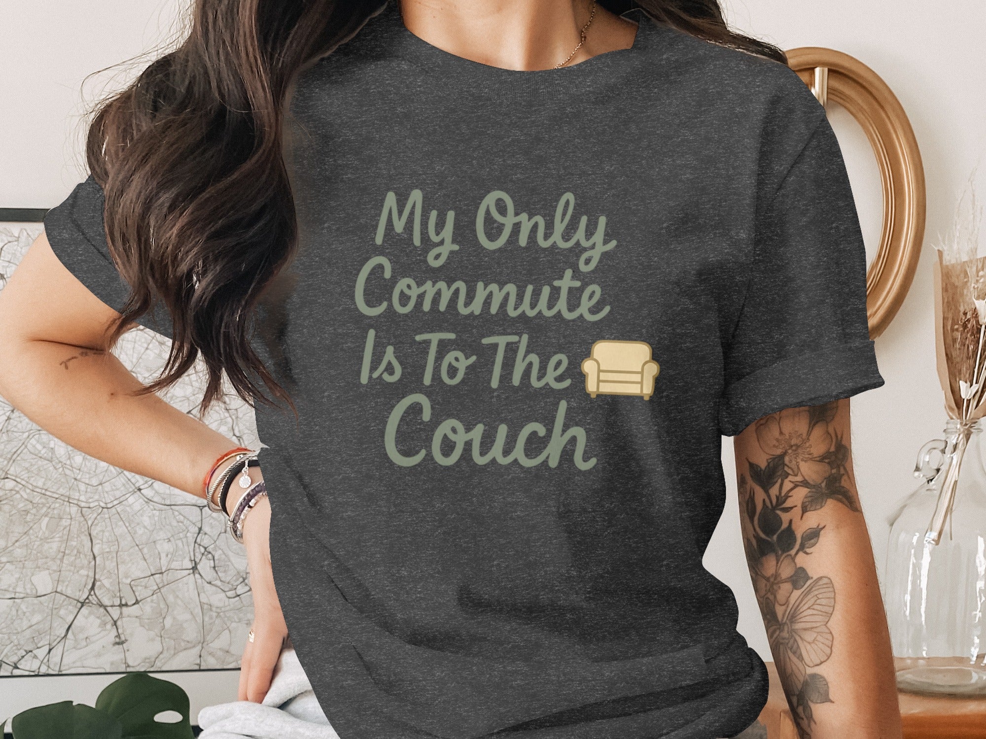 My Only Commute Is To The Couch | Dark Heather Color Bella T-Shirts - Retiree Gifts Retirement Party
