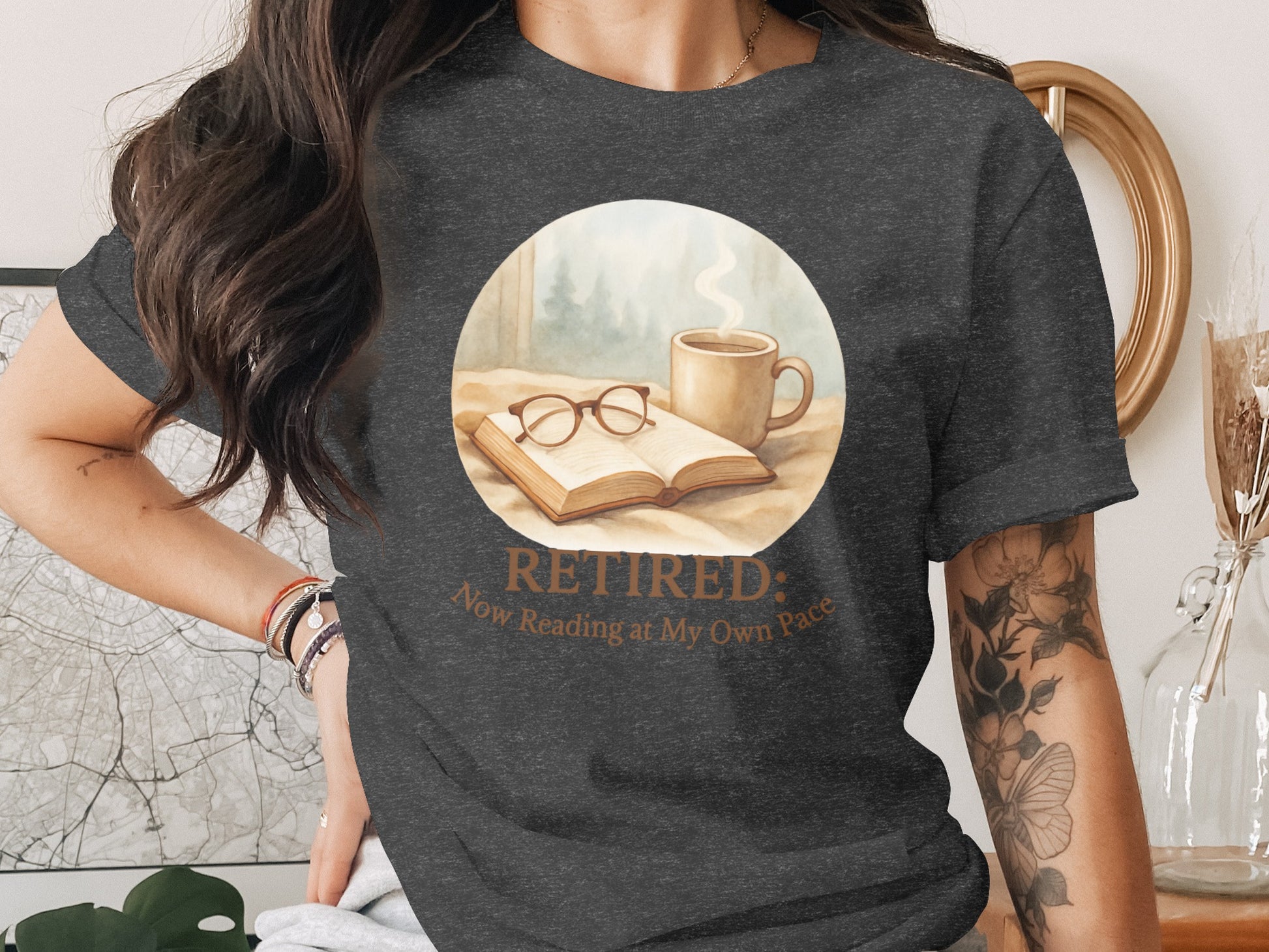 Retired: Now Reading at My Own Pace | Dark Heaterh Color Bella T-Shirts - Retiree Gifts Retirement Party