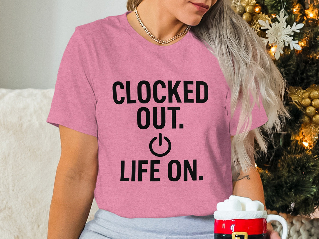 Clocked Out. | Life On. | Retirement Celebration Soft Color Bella T-Shirts - Retiree Gifts Retirement Party