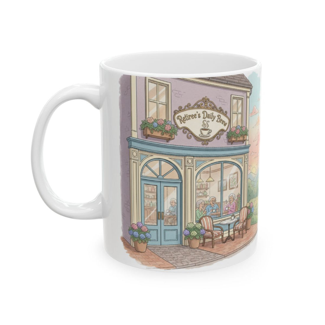 Coffee Shop Scene Retiree's Daily Brew Mug
