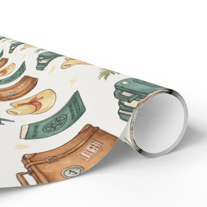 Travel Themed Wrapping Paper with Luggage and Passport